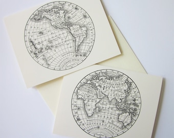 World Map Globe Note Cards Set of 10 with Matching Envelopes