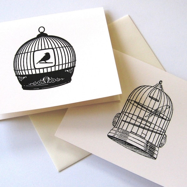 Bird Cage Note Cards in White or Light Ivory with Matching Envelopes