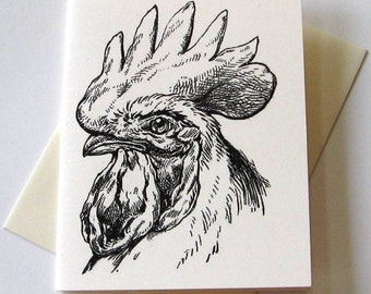 Rooster Note Cards Stationery Set of 10 Cards in White or Light Ivory with Matching Envelopes