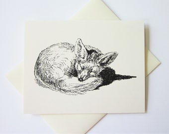 Sleeping Fox Note Card Set of 10 in White or Light Ivory with Matching Envelopes