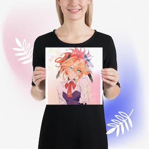 May include: A digital illustration of a young woman with long, orange hair, wearing a white blouse with a red bow tie and a purple skirt. She has a pink and blue headband with a bow on top. The background is a soft pink with white dots.