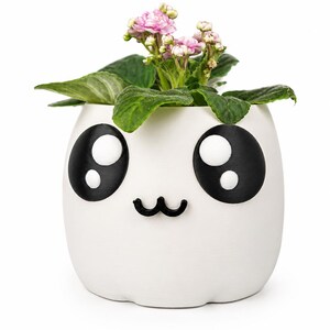 May include: A white rounded planter featuring a black and white cartoon face with large oval eyes and a small w-shaped mouth. A small green plant with light pink flowers is growing out of the top of the planter, which has a smooth matte finish.