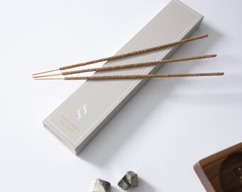 May include: A box of Palo Santo incense sticks with three sticks arranged on top of the box. The box is light grey with the text "Palo Santo Incense" printed on the front. The sticks are brown and have a rough texture.