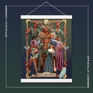 May include: A wall hanging featuring a fantasy illustration of nine figures with weapons and horns, framed by a gold border with roses and butterflies. The text "MOTHS & STONE" is at the bottom. The words "OFFICIALLY LICENSED" are on the left and right sides.
