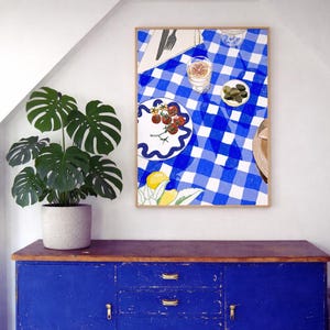 Art print of a dining table with a checkered tablecloth - Mediterranean poster for printing