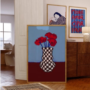 Florero a cuadros Florero de amapola Wallart Arte imprimible Amapolas florales Obra de arte Tablero de ajedrez