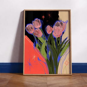 Eclectic Flower Poster- Tulips and Stars Art Print Digital Download Wall Art Pink Tulips Art Print Spring