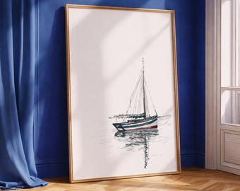 Póster dibujo velero mar minimalista cartel mar barco arte marítimo digital