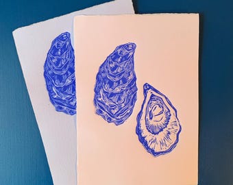 Oesterlinosnede - linosnede op gekleurd handgemaakt papier - handgemaakte kunstprint
