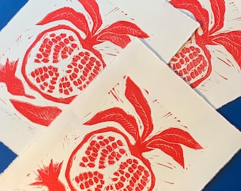 Linoldruck Granatapfel - DIN5 Linolschnitt auf Büttenpapier - Originaler Kunstdruck