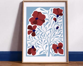 Abstract Flowers - Floral Art Print Minimalist Blue Red