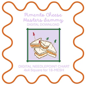 May include: A digital needlepoint chart featuring a pixelated illustration of pimento cheese sandwiches. The image includes the text "Pimento Cheese Masters Sammy" and "Digital Download". The chart is designed for a 4x4 square and 18-mesh.