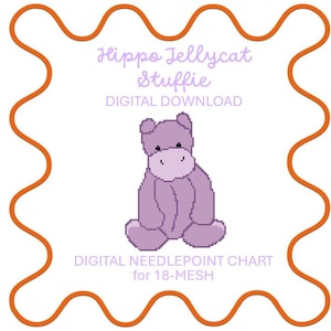 Op de afbeelding: Digitale naaldpuntkaart voor een 18-gaats project. De kaart toont een paarse nijlpaard met een lichtpaarse neus en een witte omtrek. De tekst "Hippo Jellycat Stuffie DIGITAL DOWNLOAD" staat bovenaan de kaart. De tekst "DIGITAL NEEDLEPOINT CHART for 18-MESH" staat onderaan de kaart.