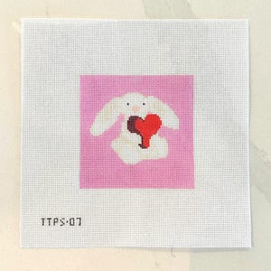 Jellycat Bunny Needlepoint Canvas – 4x4 Hand-Painted Stuffie with Heart | Valentine’s Ornament, Baby Gift, Nursery Decor | 18 Mesh Canvas