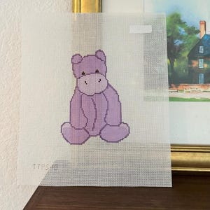Jellycat Purple Hippo Needlepoint Canvas – 4x5.5 Hand-Painted Stuffie | Baby Gift, Nursery Decor, Keepsake Ornament | 18 Mesh Canvas