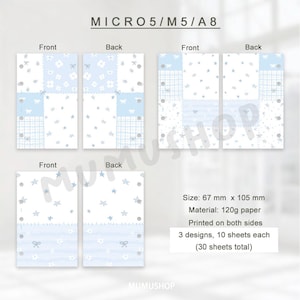 May include: Blue and white patterned paper inserts for a Micro 5/M5/A8 planner. The inserts feature various designs with stars, bows, and floral patterns. Each sheet measures 67 mm x 105 mm. The text on the image reads "MICRO5/M5/A8" and "MUMUSHOP".