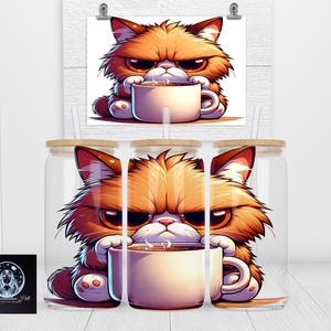 May include: Three clear glass tumblers with a cartoon image of an orange cat holding a coffee mug. The cat has a grumpy expression and the mug says "Coffee"