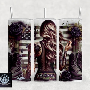Military Wife Tumbler Wrap, Military Boots, Proud Patriotic Wife, US American Flag, 20 Oz Skinny Sublimation Wrap Digital Design PNG File