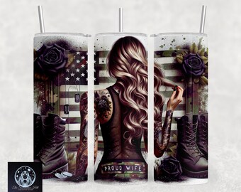 Tumbler avvolgente per moglie militare, stivali militari, moglie orgogliosa patriota, bandiera americana degli Stati Uniti, design digitale per sublimazione da 20 once, file PNG