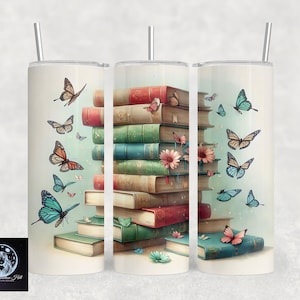 Książki z akwarelowymi motywami fantasy 20oz Tumbler Wrap, Motyle, Książkowe, Clipart do stosu książek, Magiczna książka, Biblioteka książek vintage, Sublimacja