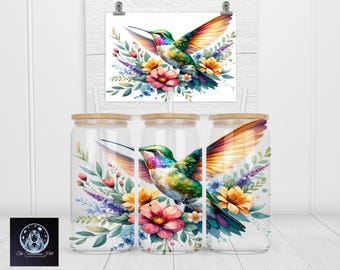 Colibrí de acuarela en frasco de vidrio de 16 oz, pájaro pastel PNG, colibrí PNG, flores de primavera PNG, arte digital de colibrí, sublimación