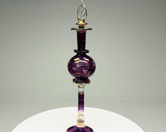 Frasco de perfume de vidrio egipcio soplado a mano – Morado y dorado, 16,5 cm con tapón