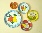 Vintage litho tin saucers plates, 5 piece mini collection, Ohio Art childrens toy dishes, apple pear, monkey, watering can
