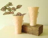2 Fire King pink Deco vases, Vitrock milk glass vases, Art Deco style, peachy pink, mid-century vase, scalloped rim