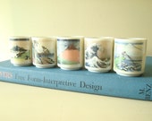 Vintage boxed sake set, tea cups or soju cups, 5 classic Oriental scenes, swanky barware housewarming gift, tiny pots for miniature plants