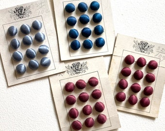 4 antique button cards with 48 silky fabric round buttons, dark blue, light blue, burgundy 1920s era collectibles