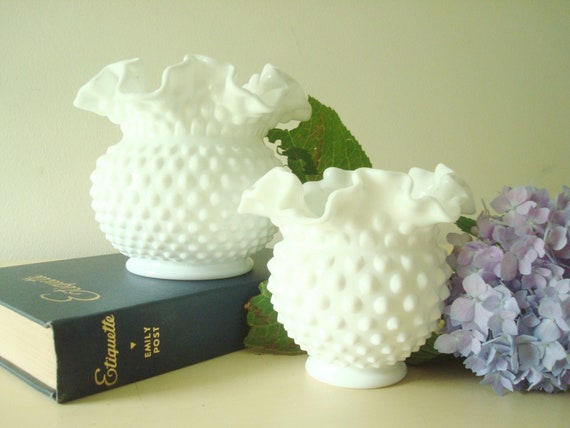 Two Fenton Hobnail Milk Glass Vases 1960s Ruffled Edge Flower Etsy