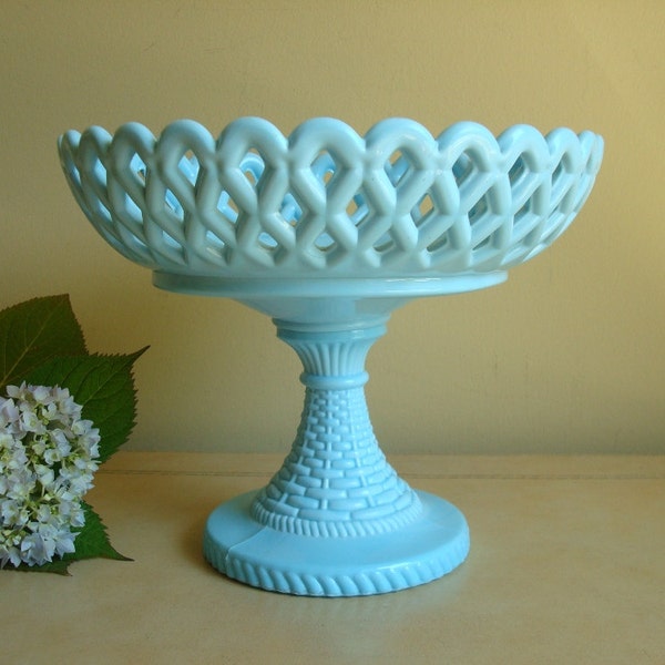 Challinor Taylor blue glass compote, 1890s EAPG footed fruit bowl, robin's egg blue milk glass, pedestal base comport, antique milk glass