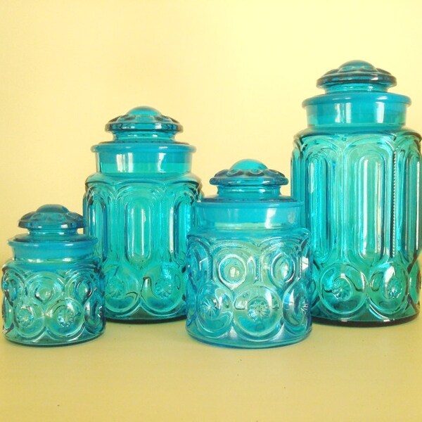 Moon & Star Colonial Blue canister set, LE Smith turquoise glass 1950-60 cerulean, set 4, food storage, wedding gift, home decor, kitchen