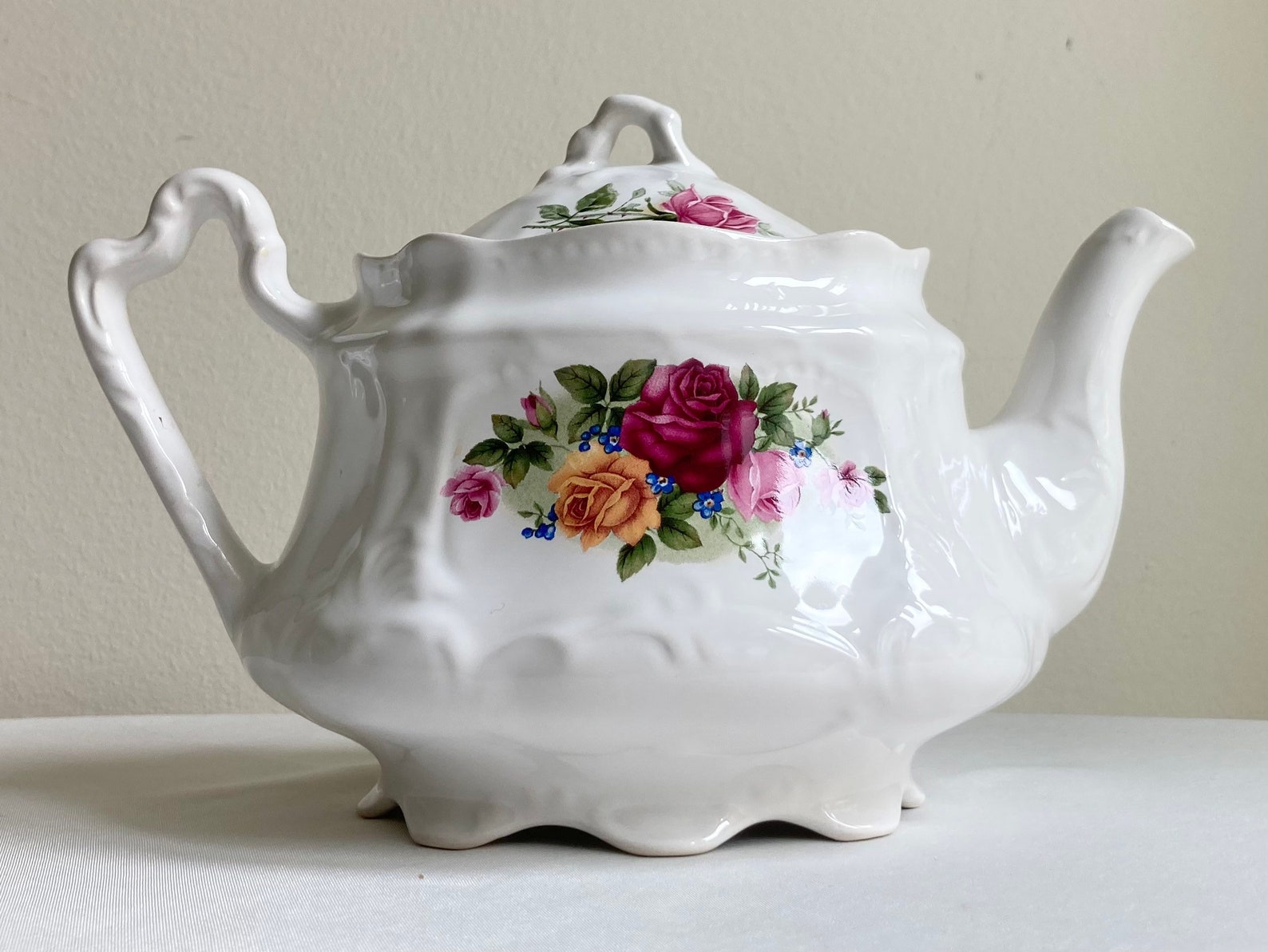 Fancy flowered china teapot pink & red roses gold trim made Etsy