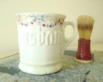 HUSBAND antique shaving mug & brush, Father's Day gift, collectible coffee cup