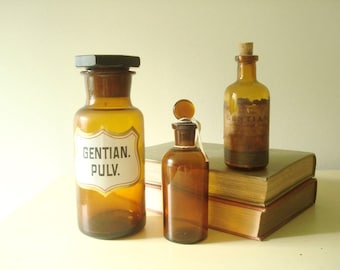 3 antique apothecary jars, Gentian glass label, tab top bottle, ground glass stoppers, pharmacist or doctor gift