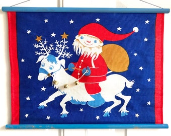 Aase Og Preben Jangaard hand-printed fabric Christmas banner, Santa, reindeer & real brass bells, MCM 1960s Danish door decor