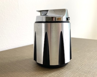 1950s Ronson Brutalist brushed aluminum & black table lighter, mid-century smoking accessory