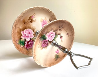 Vintage 2 tier plate server, Lipper & Mann 1950s with lush roses on brown and cream cake plate