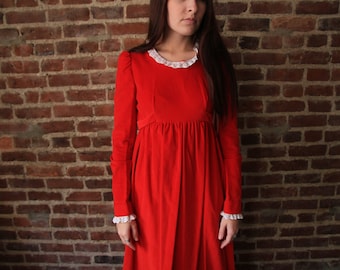 NUTCRACKER WALTZ - Gorgeous 1960s Scarlet Red Maxi Dress Velvet Retro Victorian Lace Holiday Handmade S M