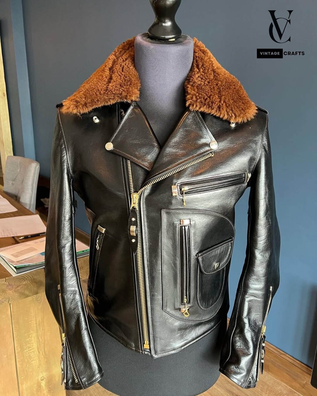 Handmade Men's Leather Shearling Jacket With Fur Collar , Aviator Biker ...