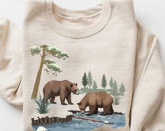 Retro Grizzly Bear Sweatshirt - 90s Wilderness Scene Crewneck