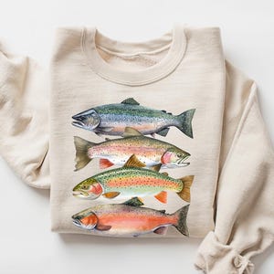 Abstract Colorful Trout In A Row Sweatshirt - River Fish Trout Species Outfit - Fly Fishing Gift - Boho Unisex Crewneck Sweatshirt