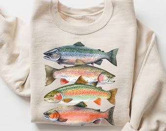 Abstract Colorful Trout In A Row Sweatshirt - River Fish Trout Species Outfit - Fly Fishing Gift - Boho Unisex Crewneck Sweatshirt