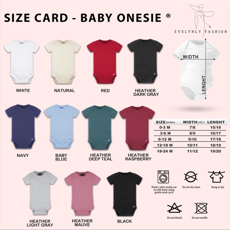 a baby onesie size chart with different colors and sizes