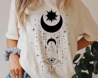 Comfort Colors Celestial Shirt, Evil Eye, Sun & Moon, Witchy Clothing