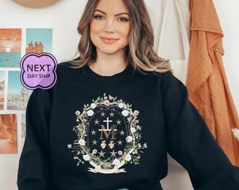 Marian Catholic Sweatshirt, Virgin Mary Hoodie, Catholic gift for women, Catholic T-shirt, Marian Cross Shirt, Floral Women Religious Shirts