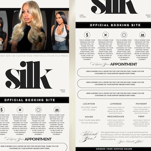 May include: Black and white graphic design for a hair salon called "Silk" with the text "Official Booking Site". The design features a stylized logo with the word "Silk" in bold, black letters. The text "Hair Studio" and "Since 2020" are also included in the design.