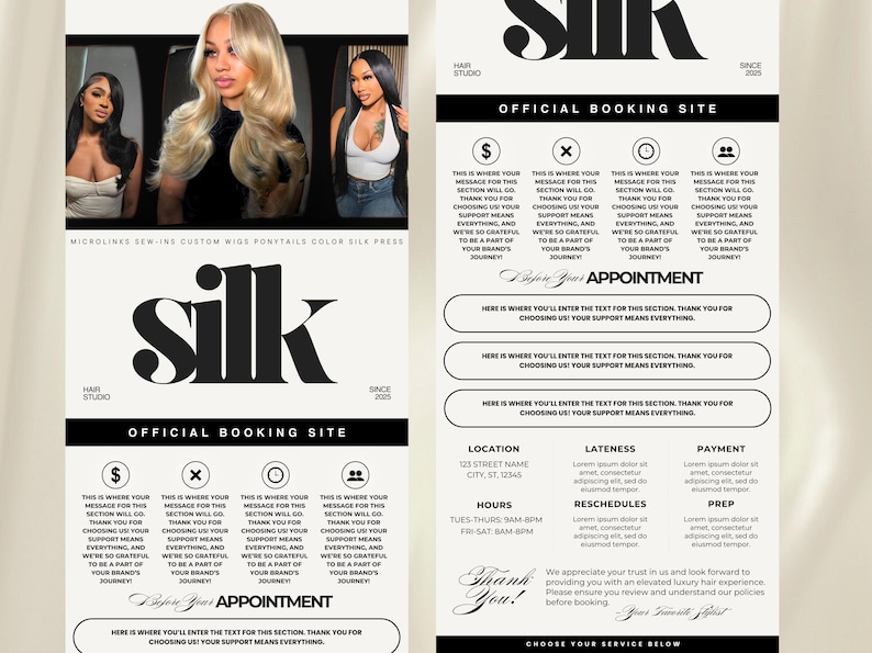 May include: Black and white graphic design for a hair salon called "Silk" with the text "Official Booking Site". The design features a stylized logo with the word "Silk" in bold, black letters. The text "Hair Studio" and "Since 2020" are also included in the design.