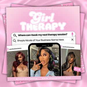 Può includere: Grafica rosa e bianca con il testo "Girl Therapy" in un font a bolle. La grafica include una barra di ricerca con il testo "Dove posso prenotare la mia prossima sessione di terapia?" e una seconda barra di ricerca con il testo "Shayla Nicole of Your Business Name Here". La grafica include anche tre immagini di donne con diversi stili di capelli.